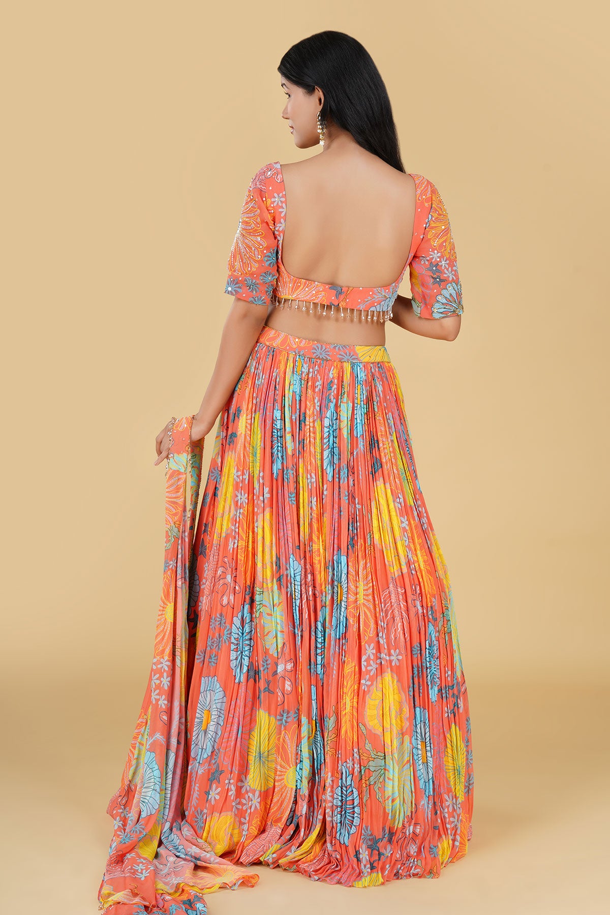 PEACH JAAL HIGHLIGHTED AND PRINTED LEHENGA SET