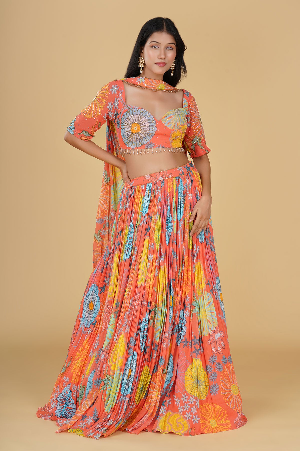 PEACH JAAL HIGHLIGHTED AND PRINTED LEHENGA SET