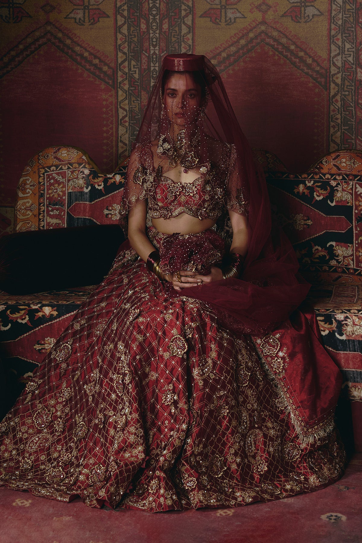 Maroon 3D Flower Lehenga Set