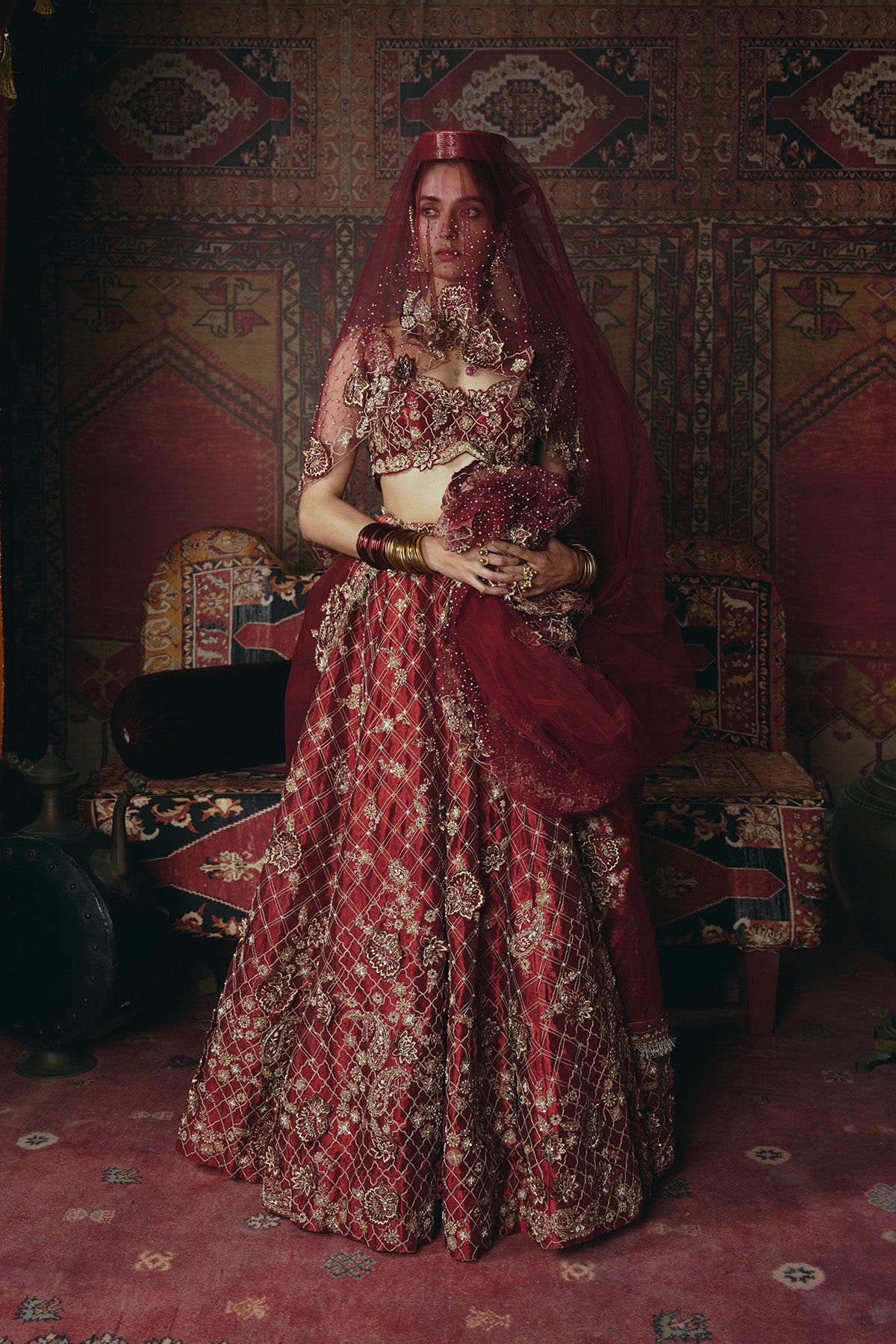 Maroon 3D Flower Lehenga Set