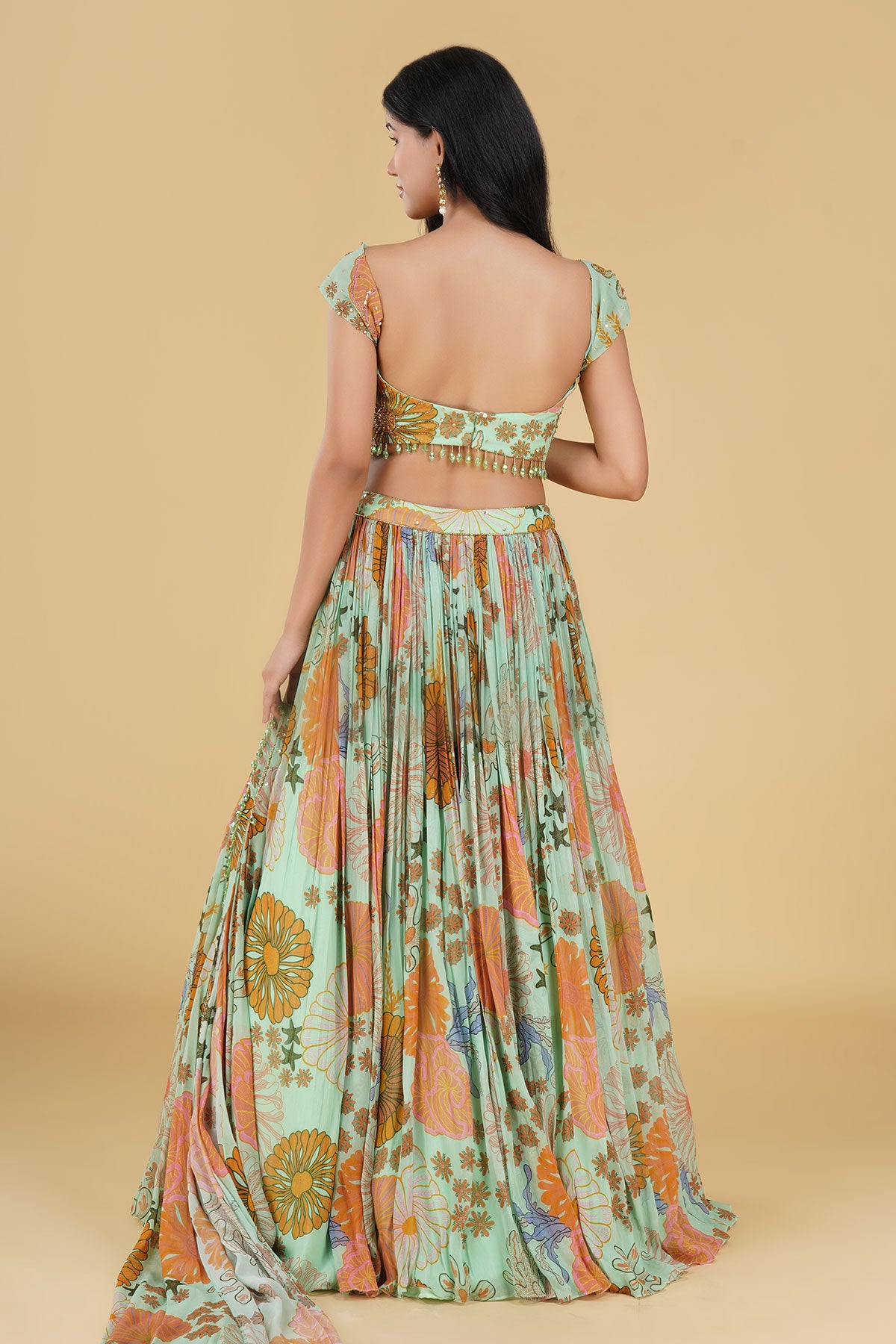 MINT GREEN JAAL HIGHLIGHTED AND PRINTED LEHENGA SET