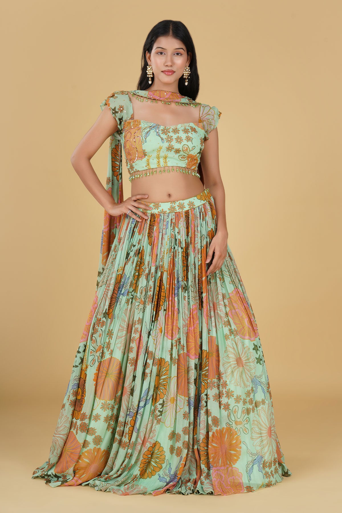 MINT GREEN JAAL HIGHLIGHTED AND PRINTED LEHENGA SET