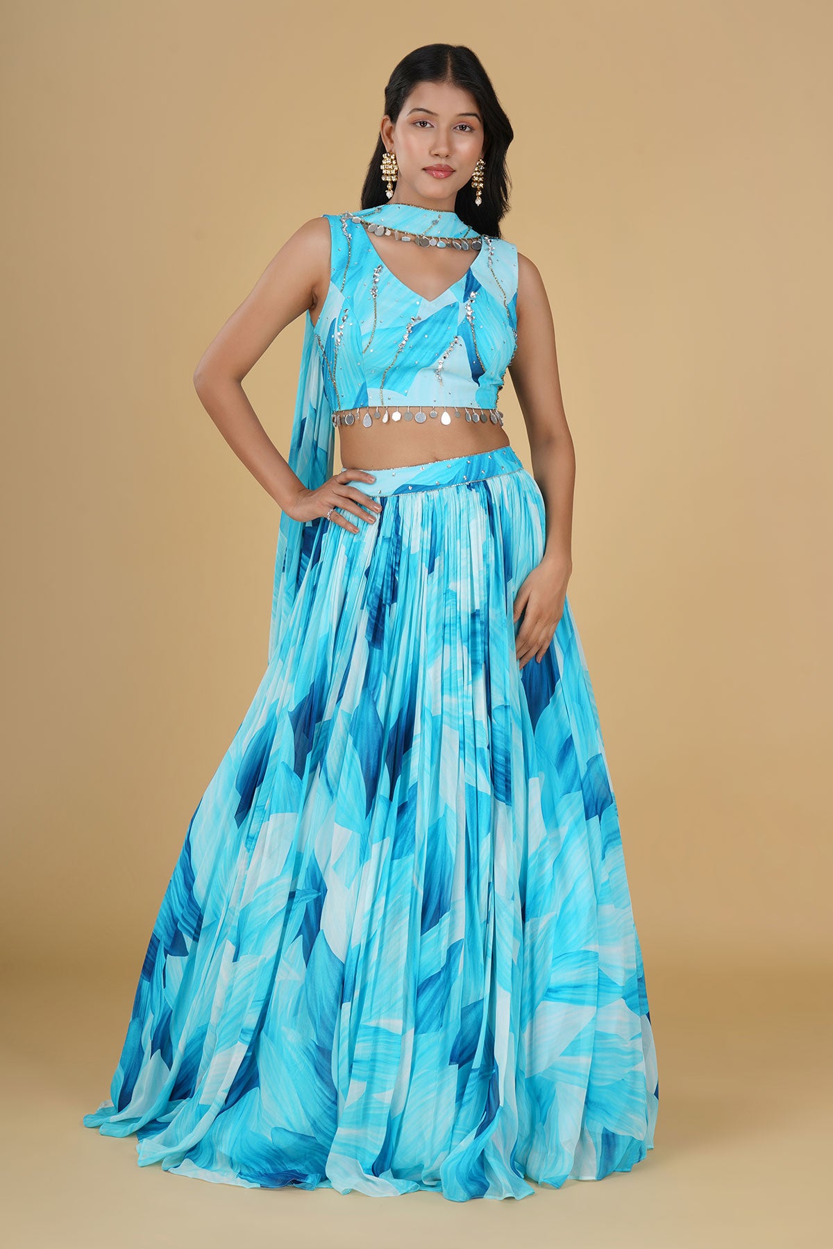 BLUE JAAL HIGHLIGHTED AND PRINTED LEHENGA SET