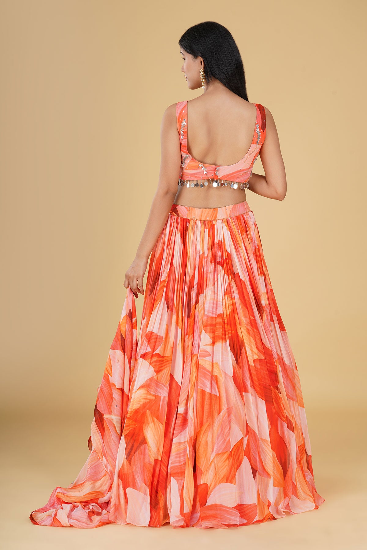 ORANGE JAAL HIGHLIGHTED AND PRINTED LEHENGA SET
