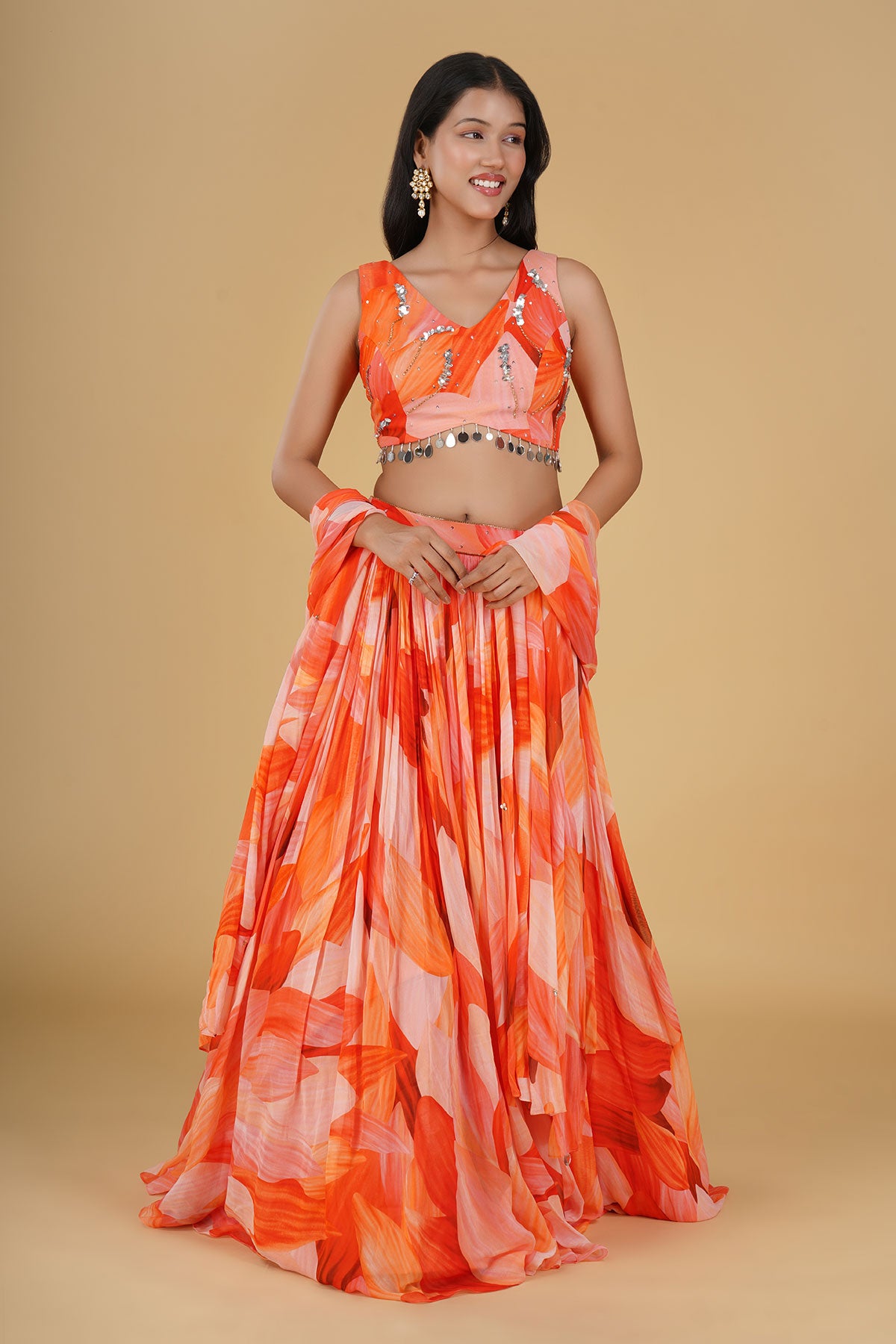 ORANGE JAAL HIGHLIGHTED AND PRINTED LEHENGA SET