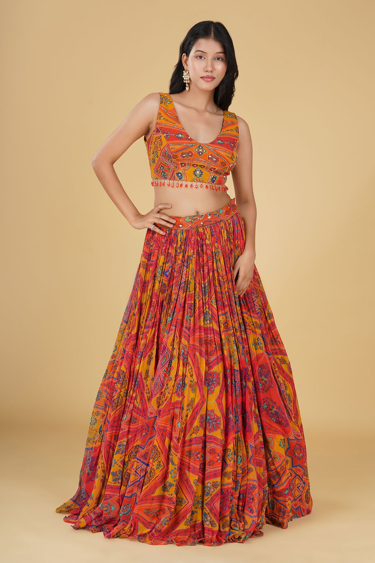 YELLOW CORAL JAAL HIGHLIGHTED AND PRINTED LEHENGA SET