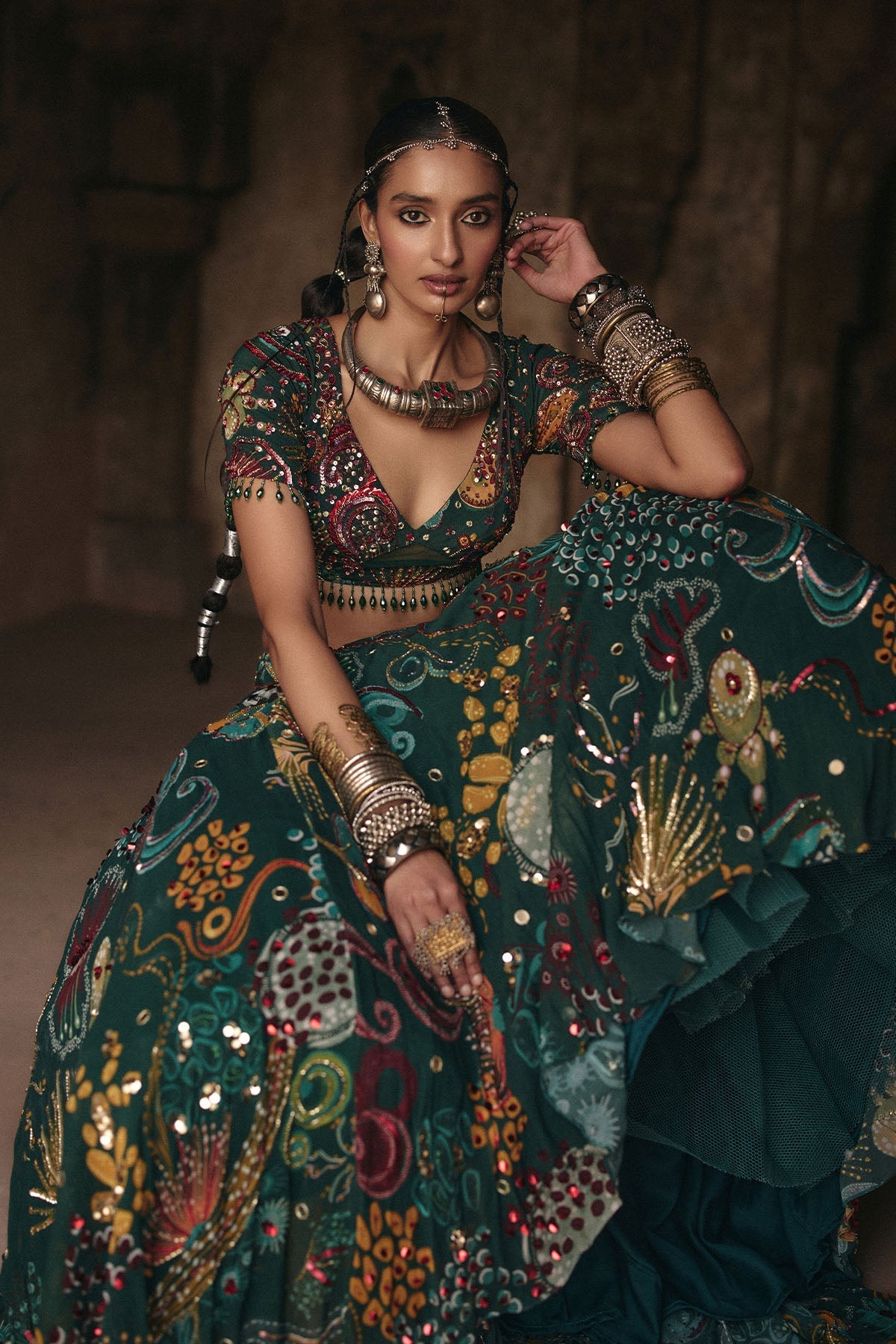 Dark Green Printed And Highlighted Lehenga Set - Ready To Ship