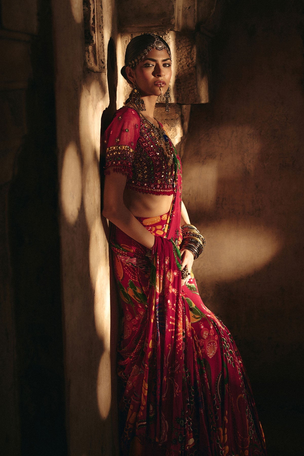 Deep Red Embroidered Blouse With Mermaid Skirt Saree Set - Ready To Ship