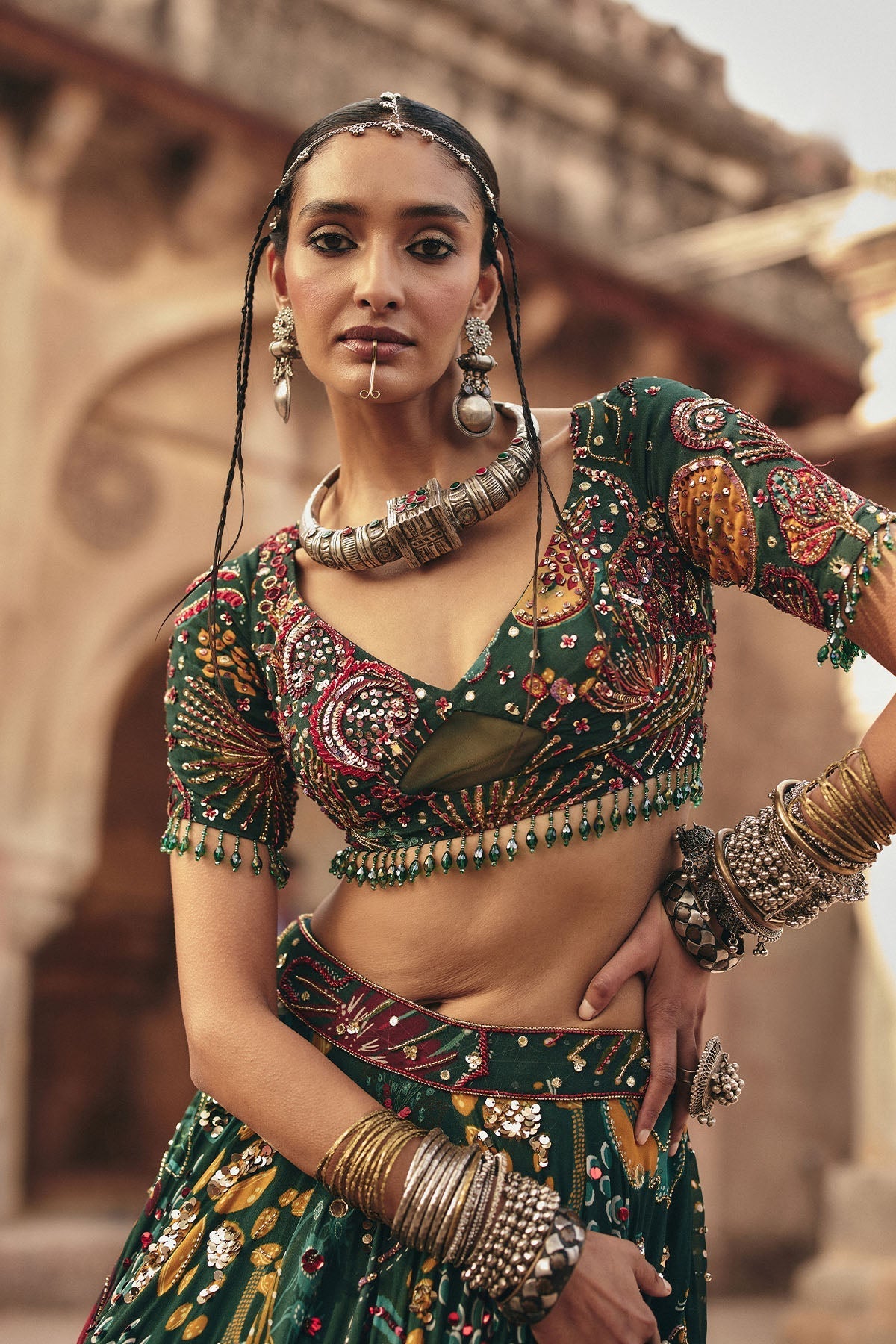 Dark Green Printed And Highlighted Lehenga Set - Ready To Ship
