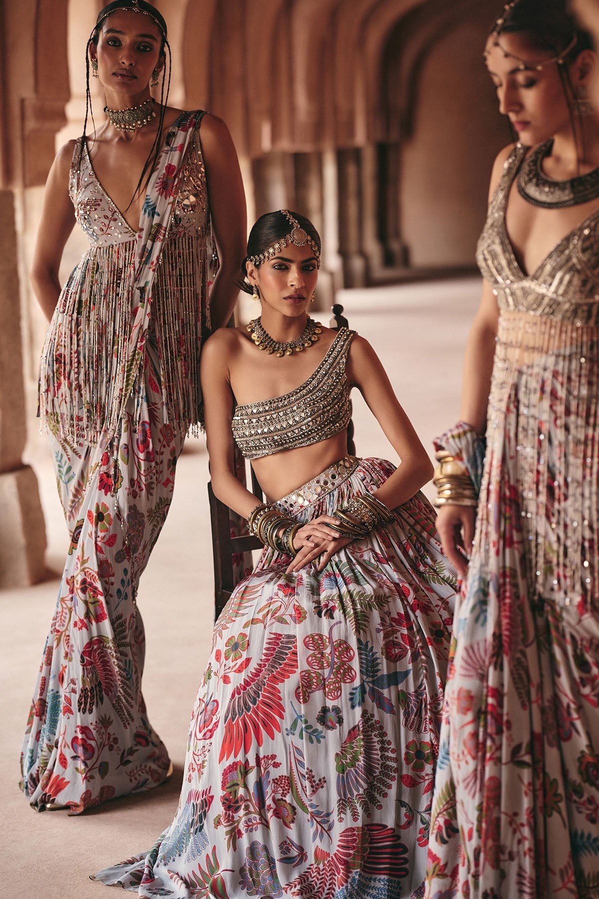 Slate Grey Embroidered Blouse With Printed Lehenga Set - Ready To Ship