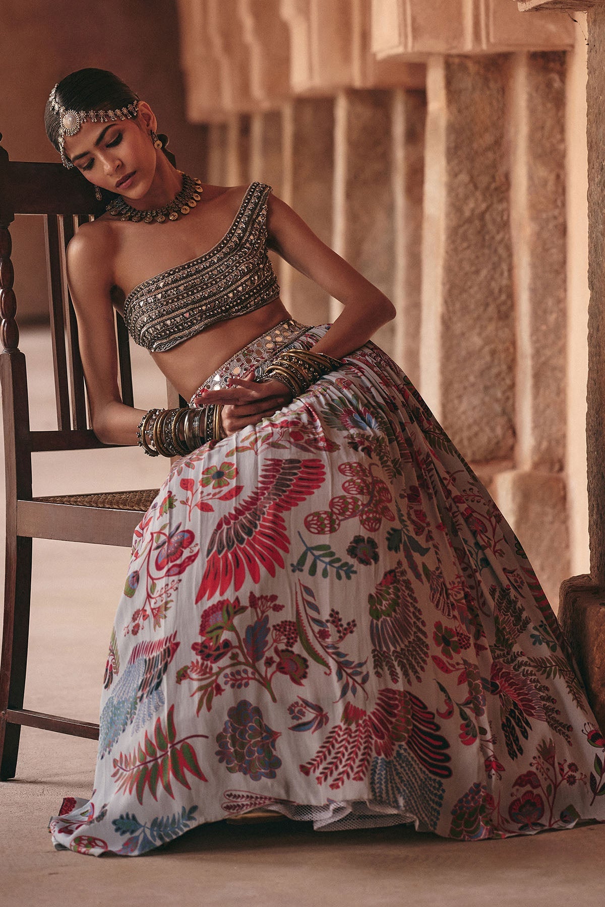 Slate Grey Embroidered Blouse With Printed Lehenga Set - Ready To Ship