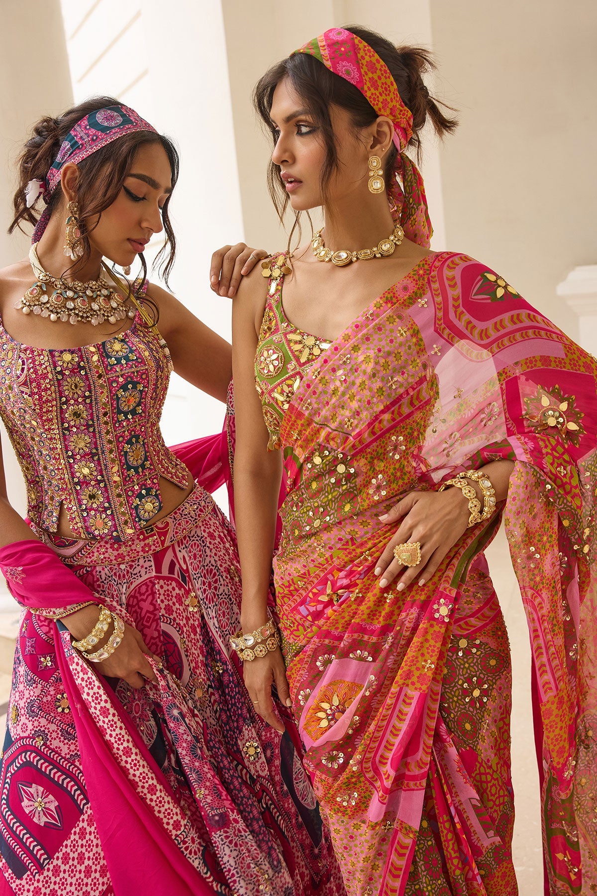 Sage Butta Print And Highlighted One-Shoulder Blouse With Yellow-Fuschia Pre-Draped Classic Saree Set