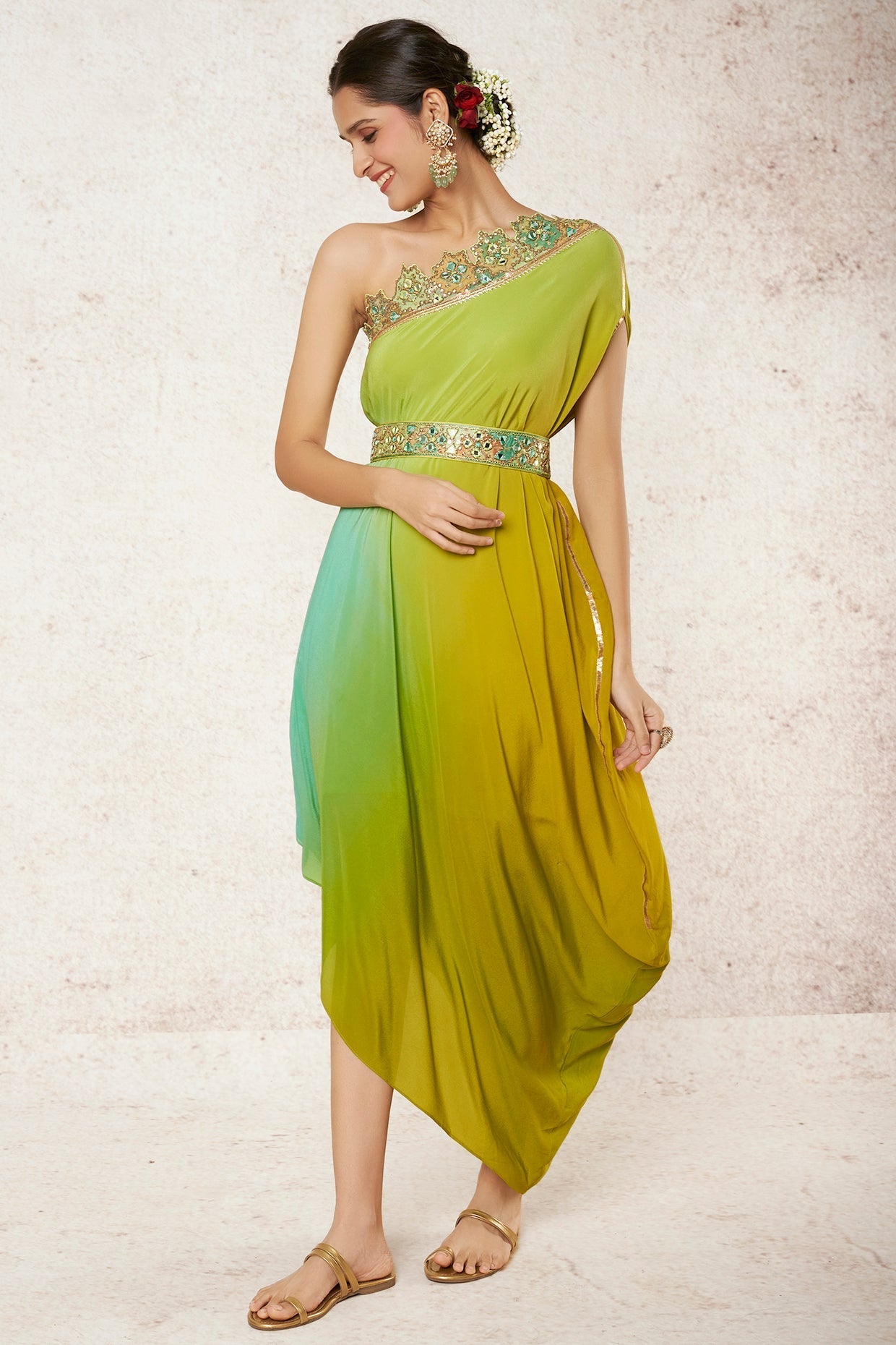 Alisha Pekha in Swastika One Shoulder Dress