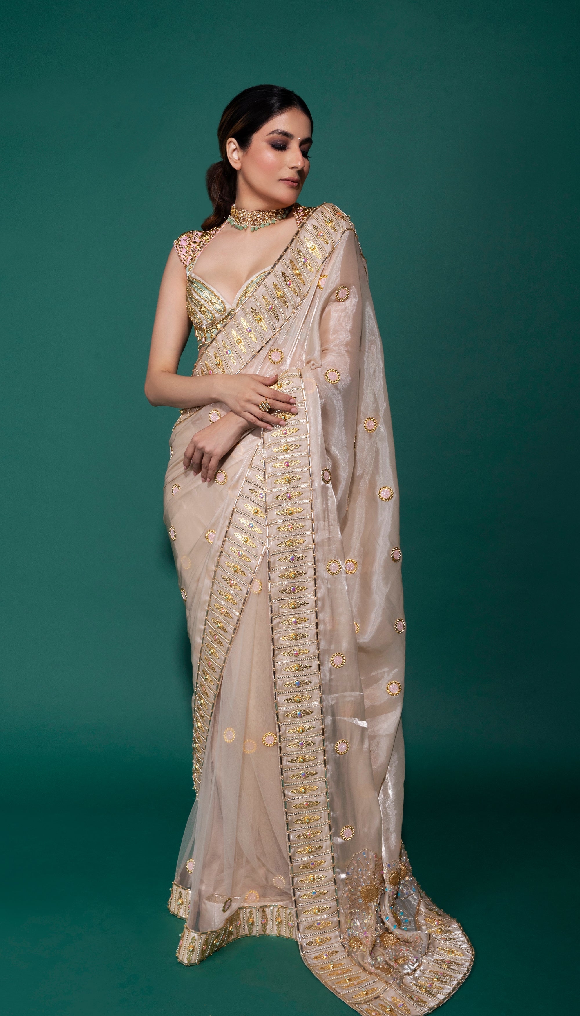 Crystal Cascade- Ivory organza saree