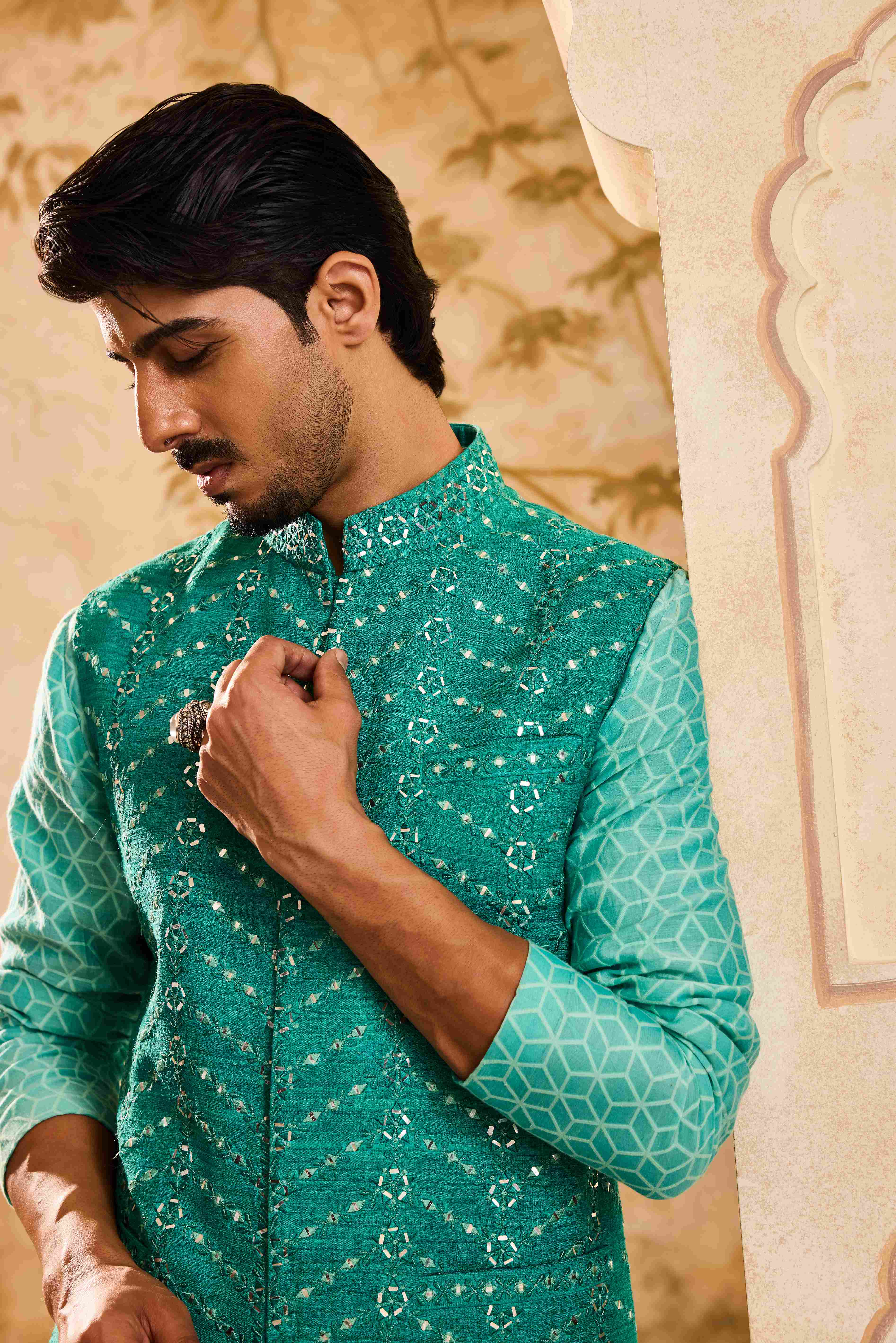 Teal mirrorwork Bundi jacket Kurta Trouser