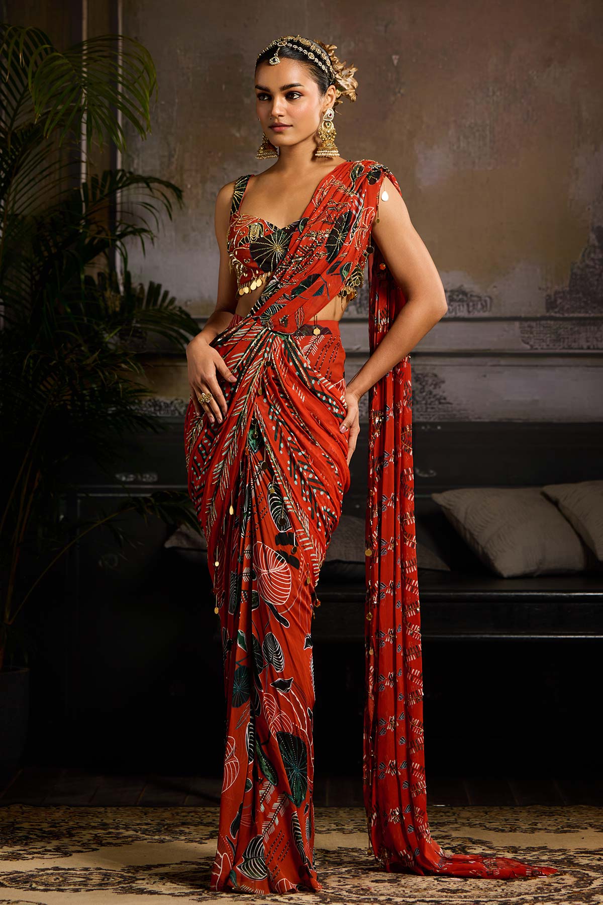 RUST PRINT AND HIGHLIGHTED DRAPED SAREE SET