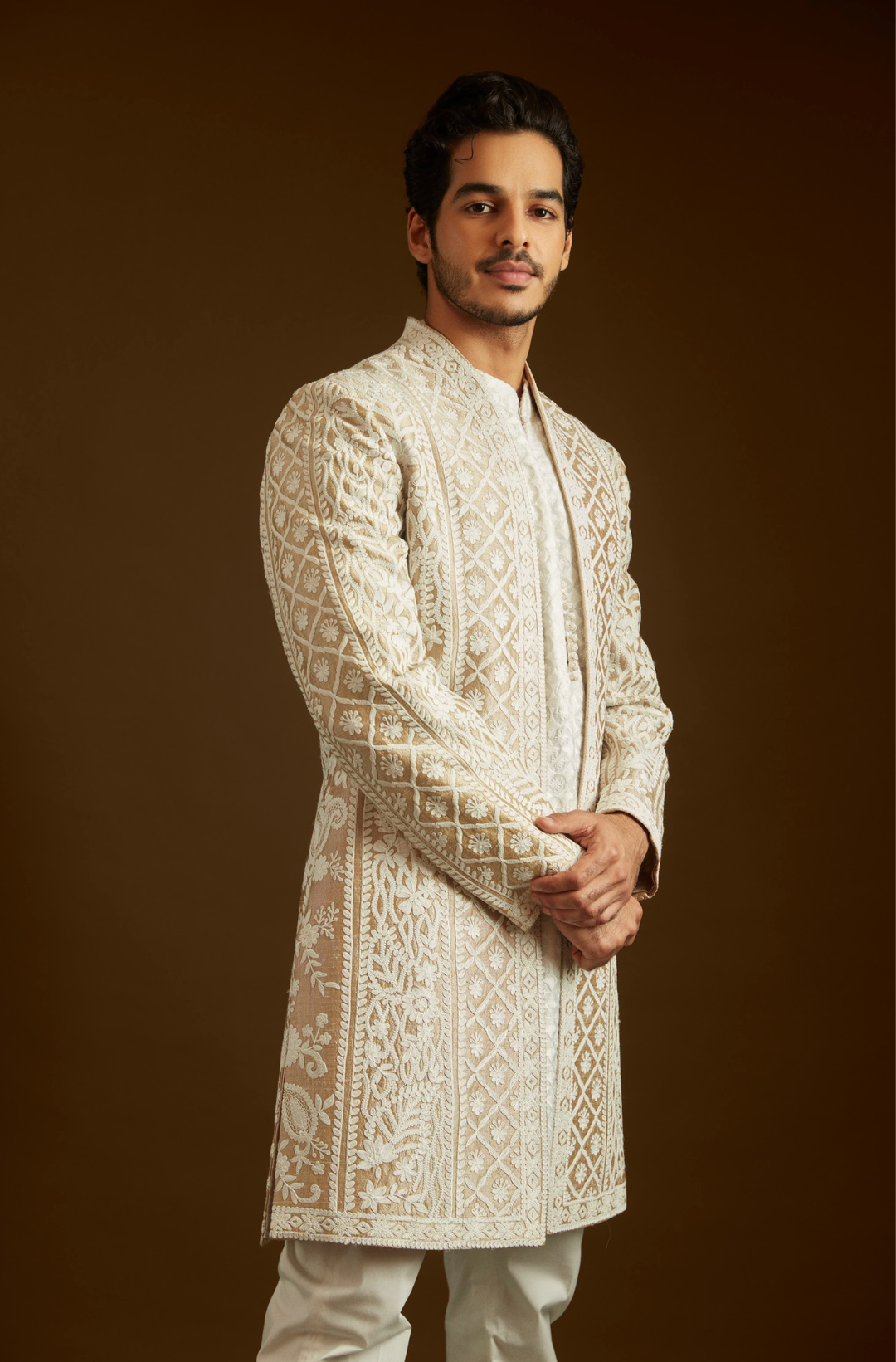 Ishaan Khatter in Nude Cream Open Sherwani Set