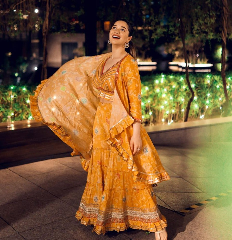 SaraTendulker In Marigold Garden Jacket Sharara Set