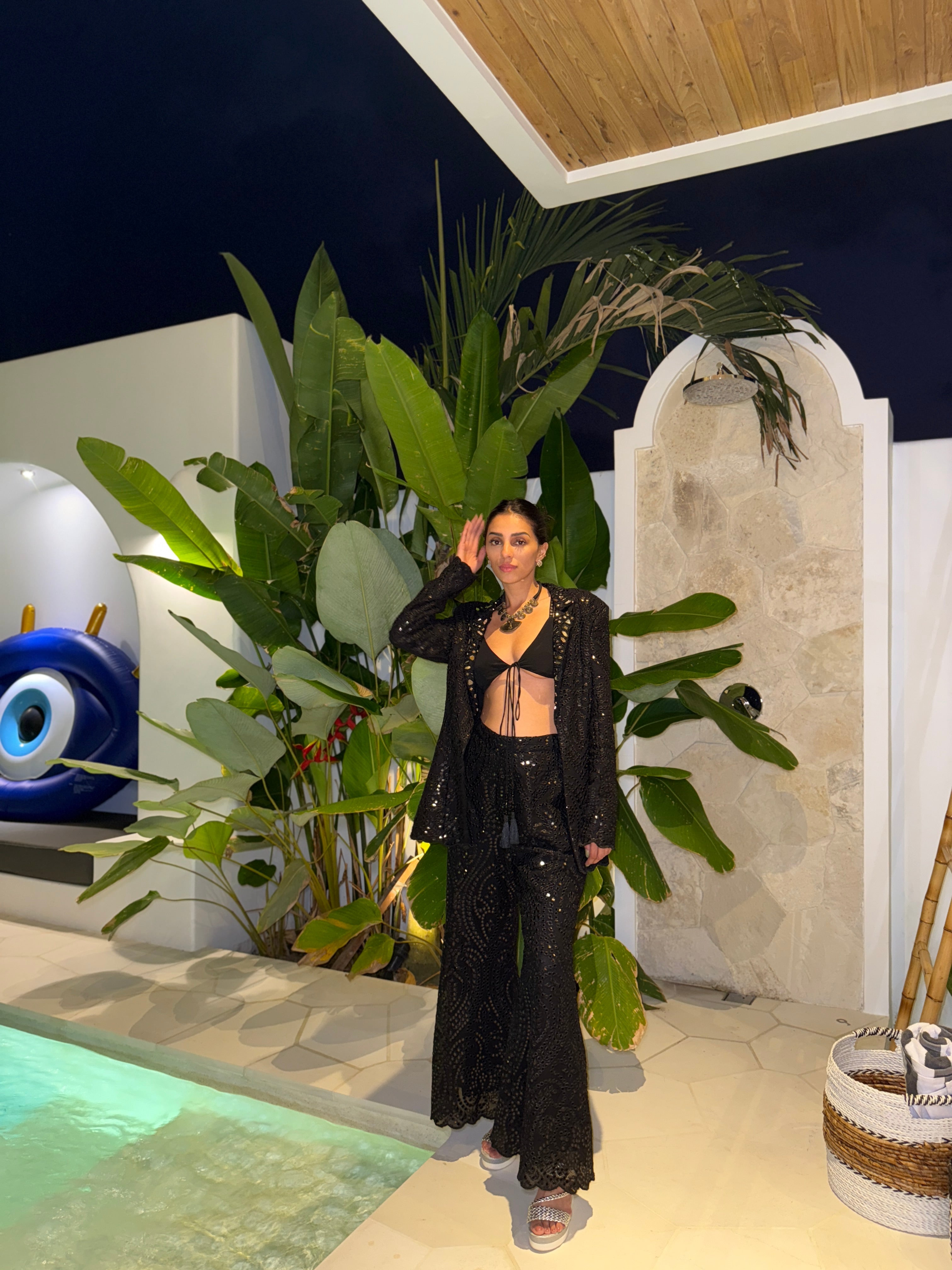 Payal Shah in our Black Floral Mirrorwork Blazer Set
