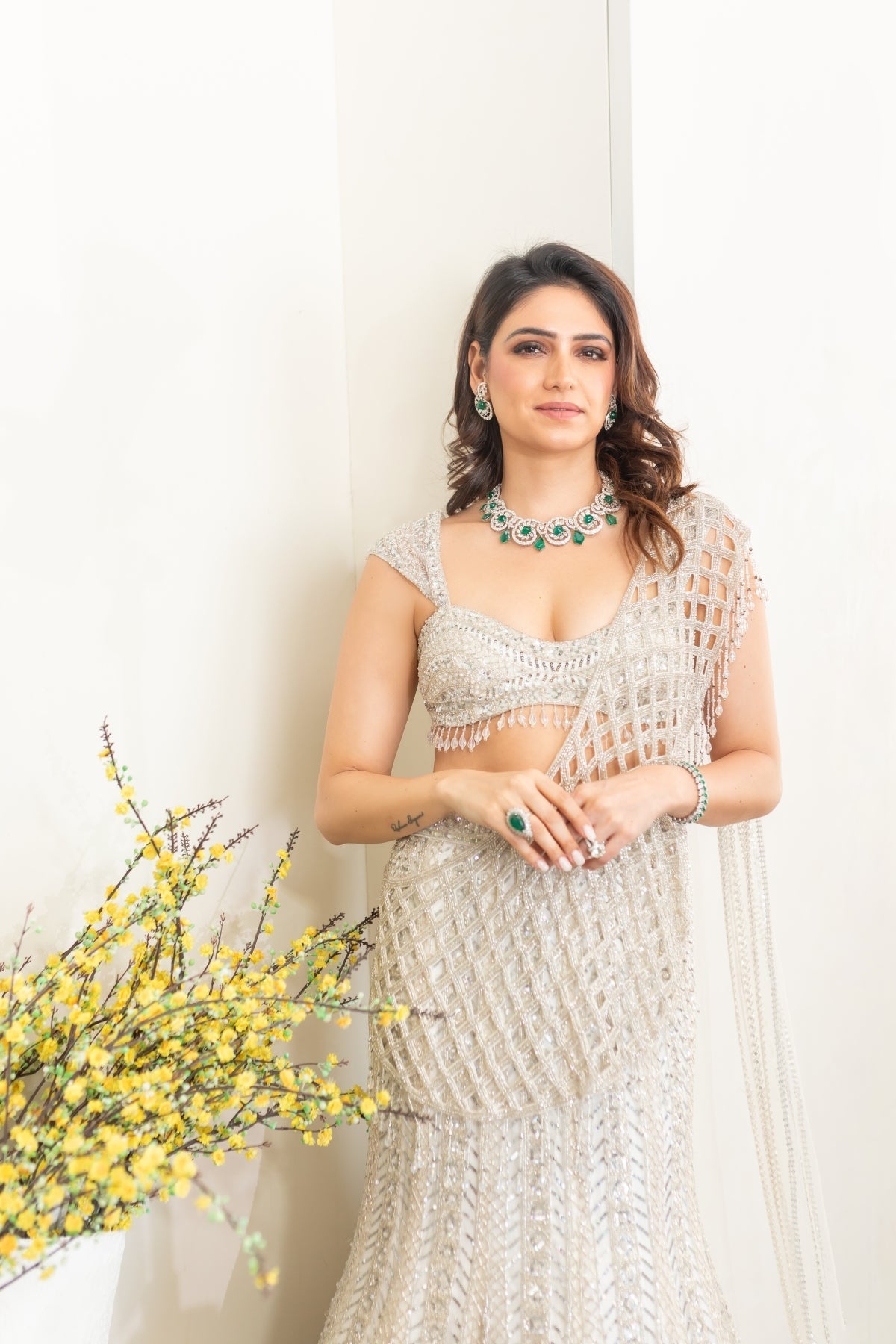 Richa Begani In Silver Embellished Mermaid Skirt Saree Set
