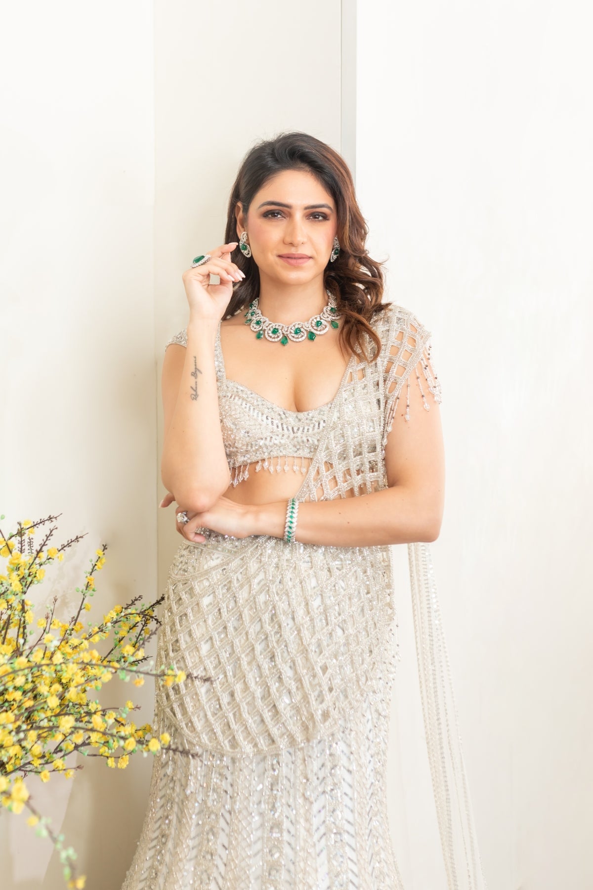 Richa Begani In Silver Embellished Mermaid Skirt Saree Set