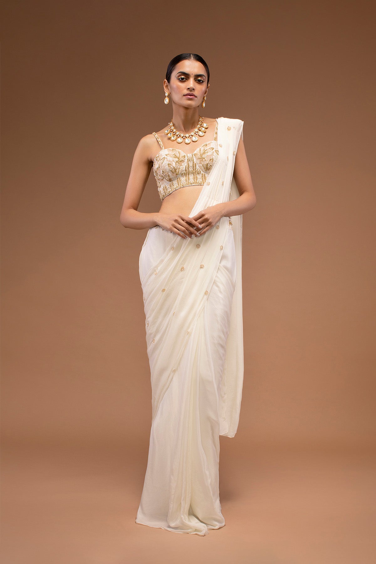 Cotton White Ready To Wear Saree With A Crop Top Set In Cut Dana Embroidery, Paired With The Spaghetti Straps With A Corset Neckline