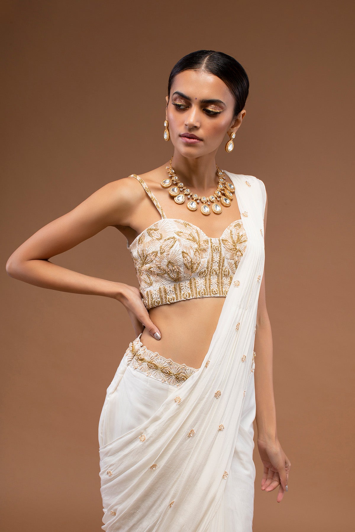 Cotton White Ready To Wear Saree With A Crop Top Set In Cut Dana Embroidery, Paired With The Spaghetti Straps With A Corset Neckline