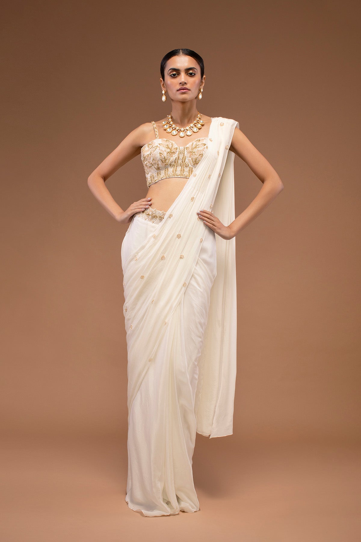 Cotton White Ready To Wear Saree With A Crop Top Set In Cut Dana Embroidery, Paired With The Spaghetti Straps With A Corset Neckline