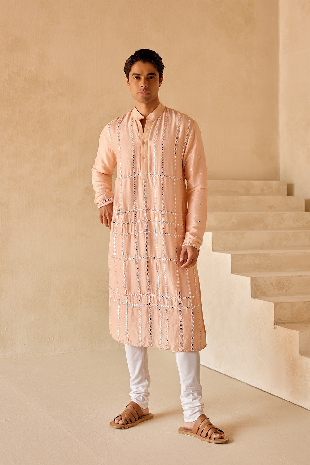 PEACH SILK KURTA WITH MIRRORWORK CHECK JAAL