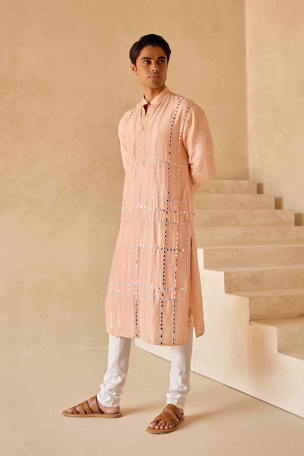 PEACH SILK KURTA WITH MIRRORWORK CHECK JAAL