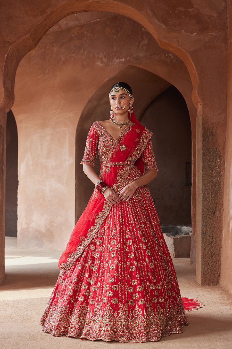 Vermillon Red Raw Silk Lehenga Choli Set