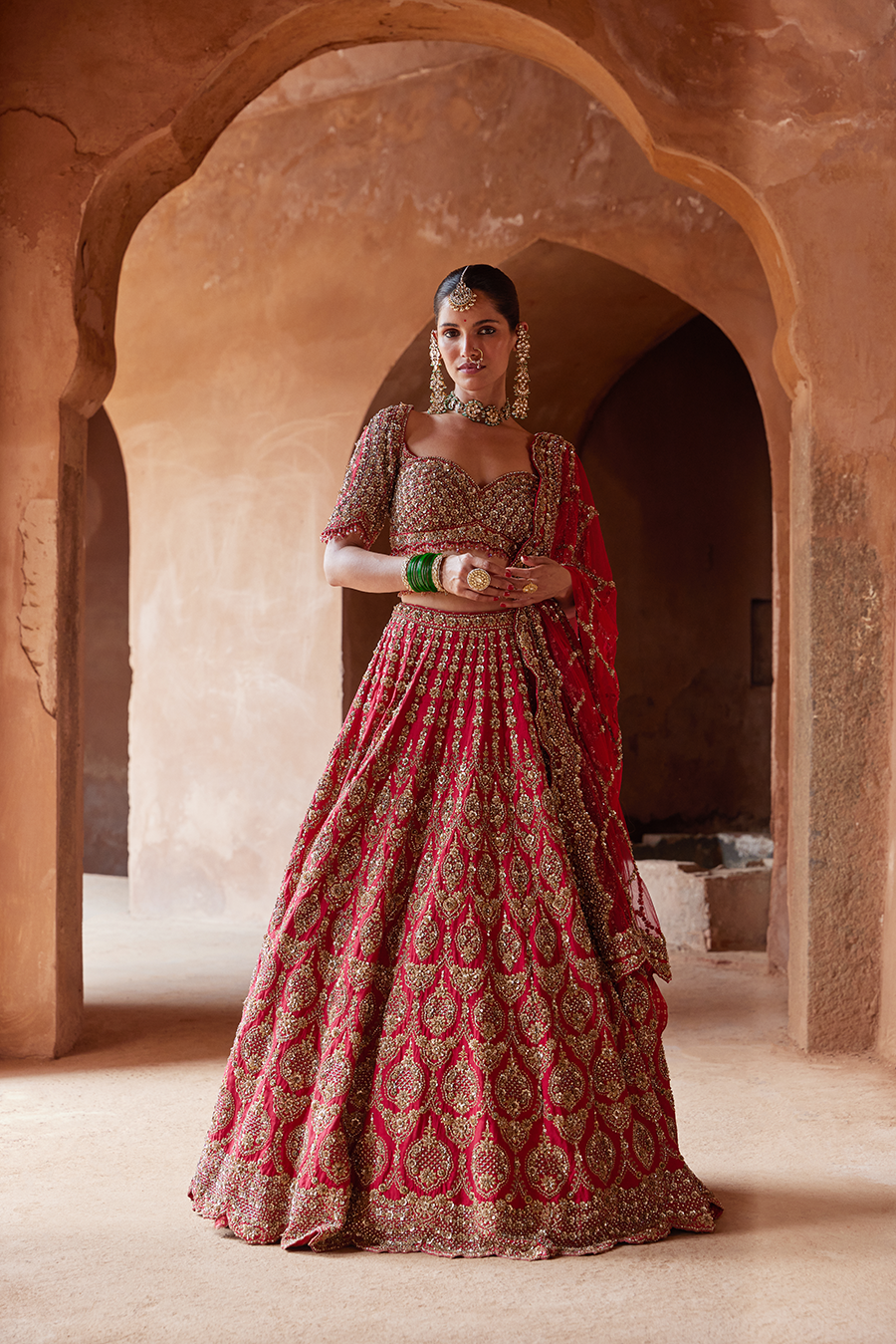 Deep Red Raw Silk Lehenga Choli Set