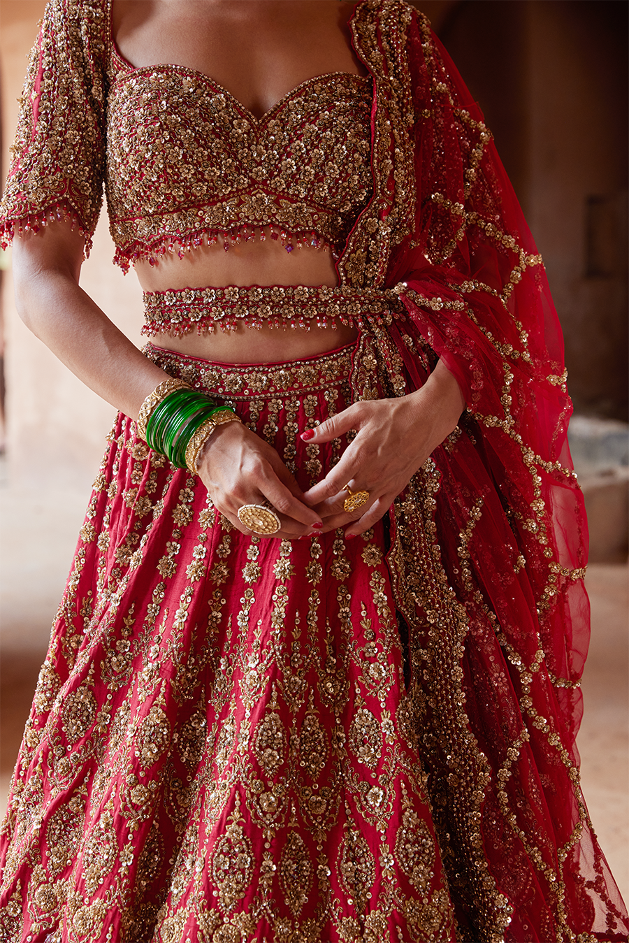 Deep Red Raw Silk Lehenga Choli Set