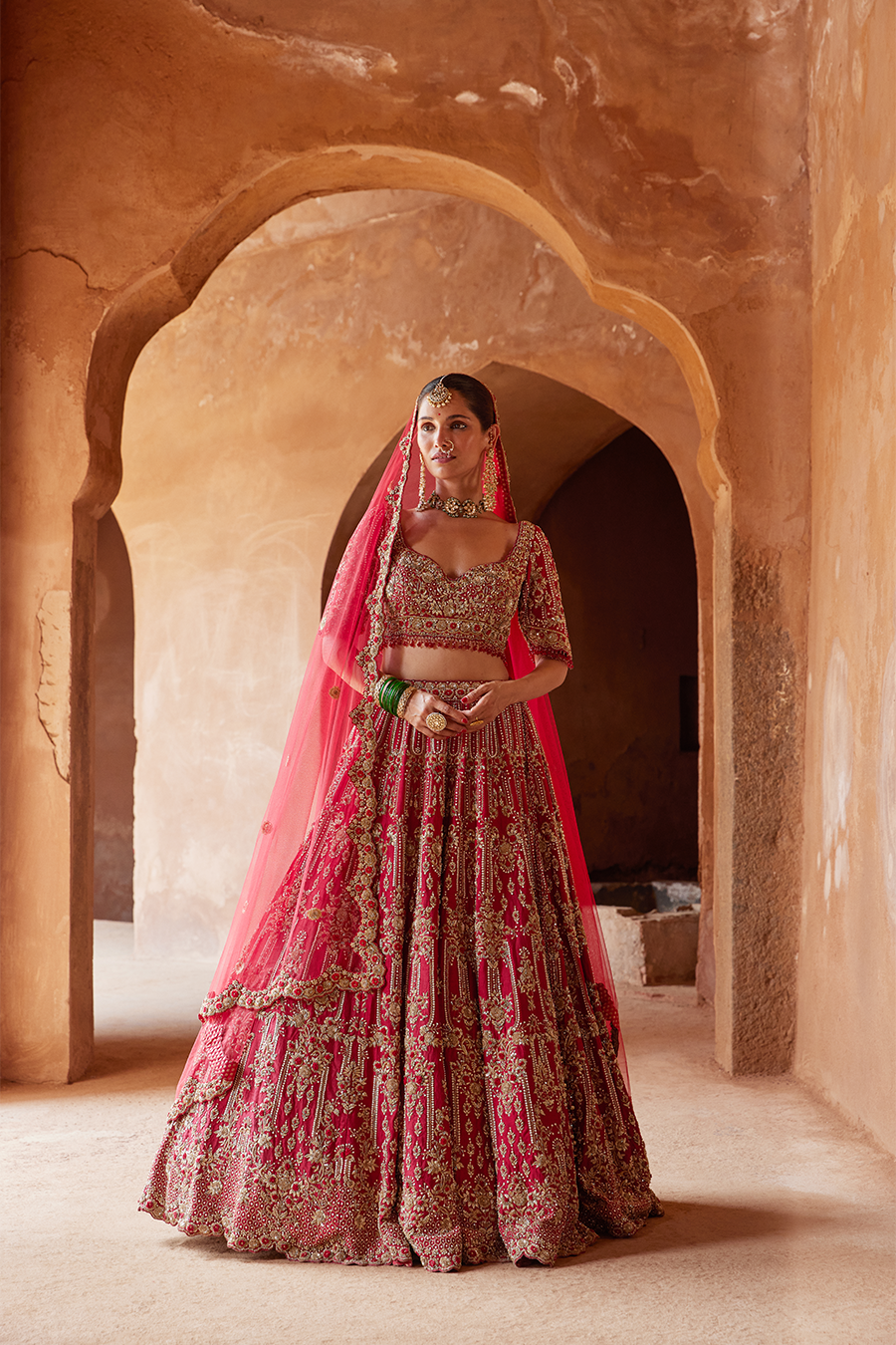 Blood Red Raw Silk Lehenga Choli Set