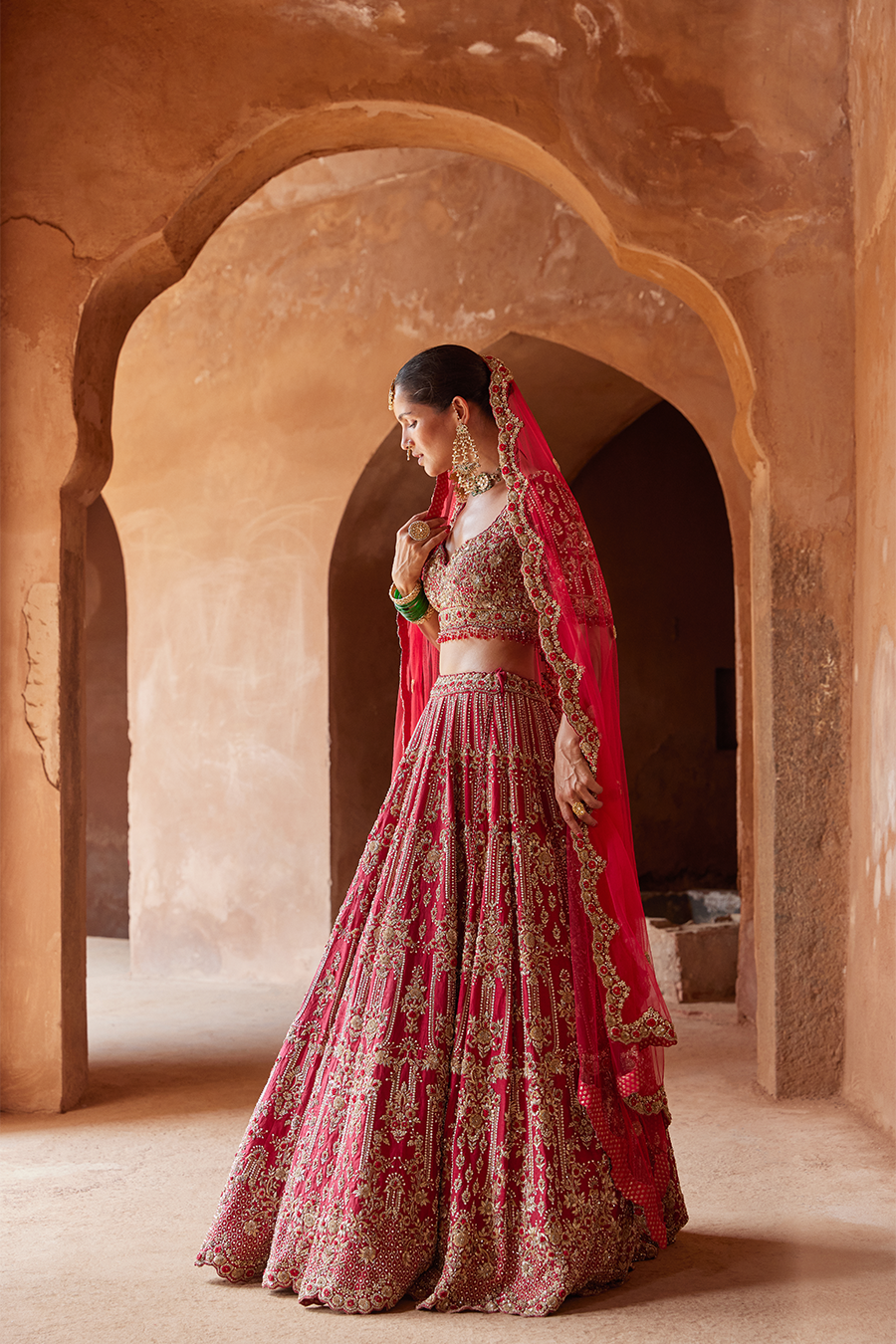 Blood Red Raw Silk Lehenga Choli Set