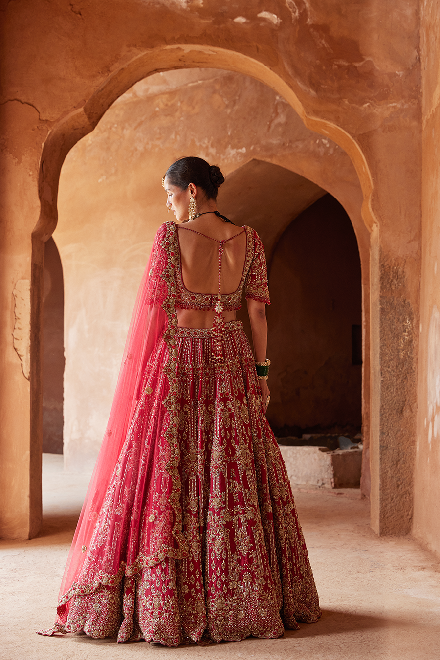 Blood Red Raw Silk Lehenga Choli Set