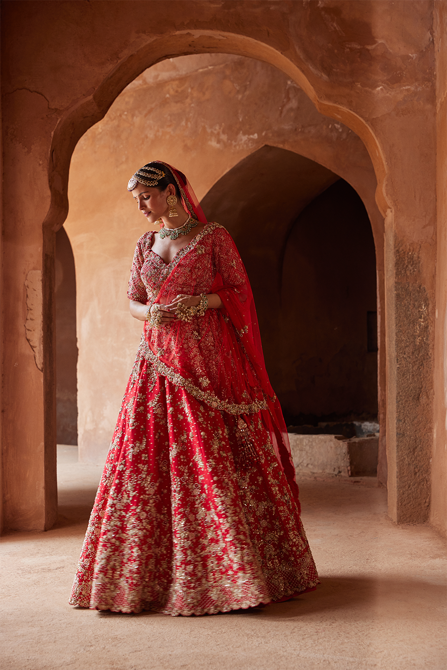 Crimson Red Raw Silk Lehenga Choli Set