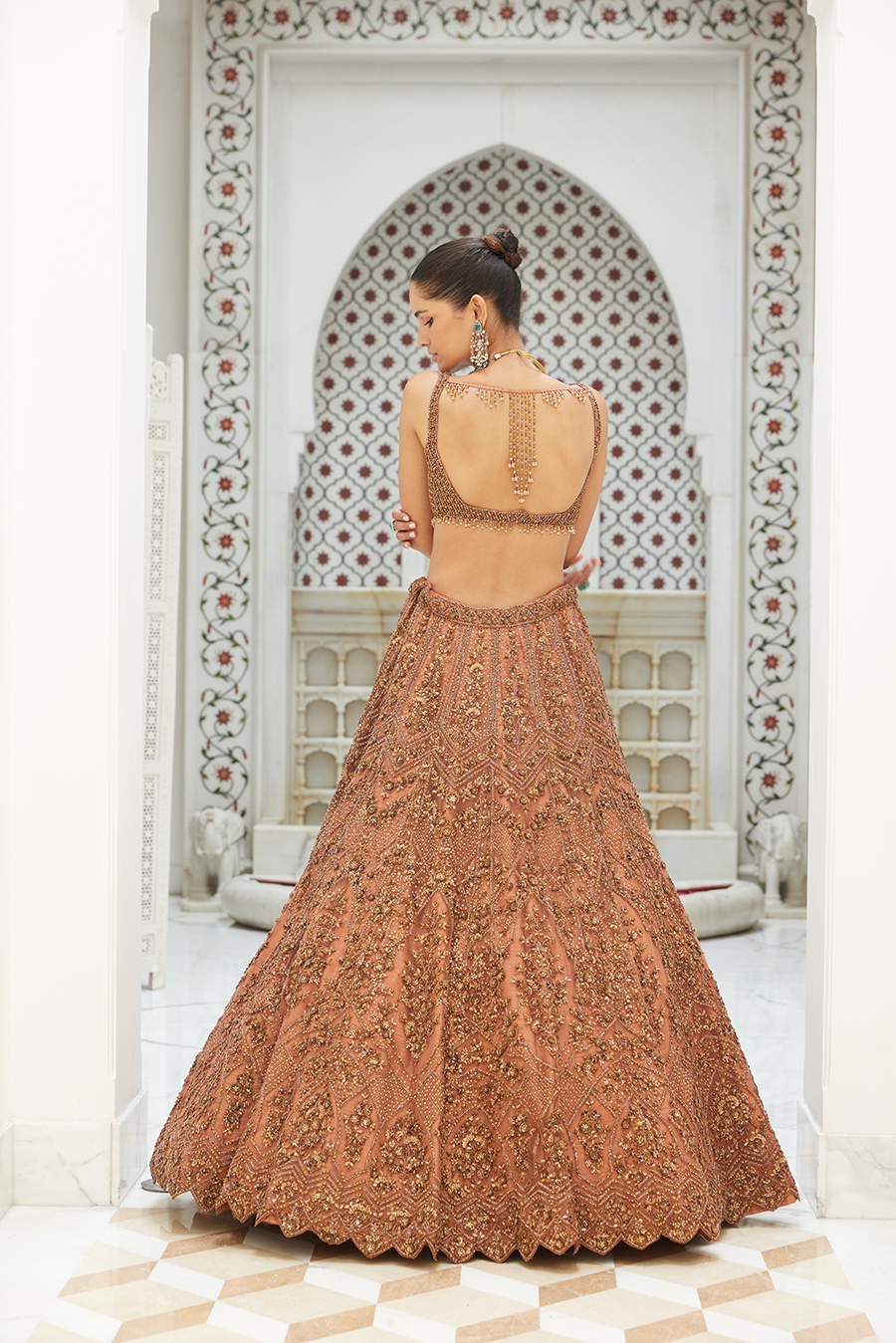 Copper Net Lehenga Choli Set With Head Veil