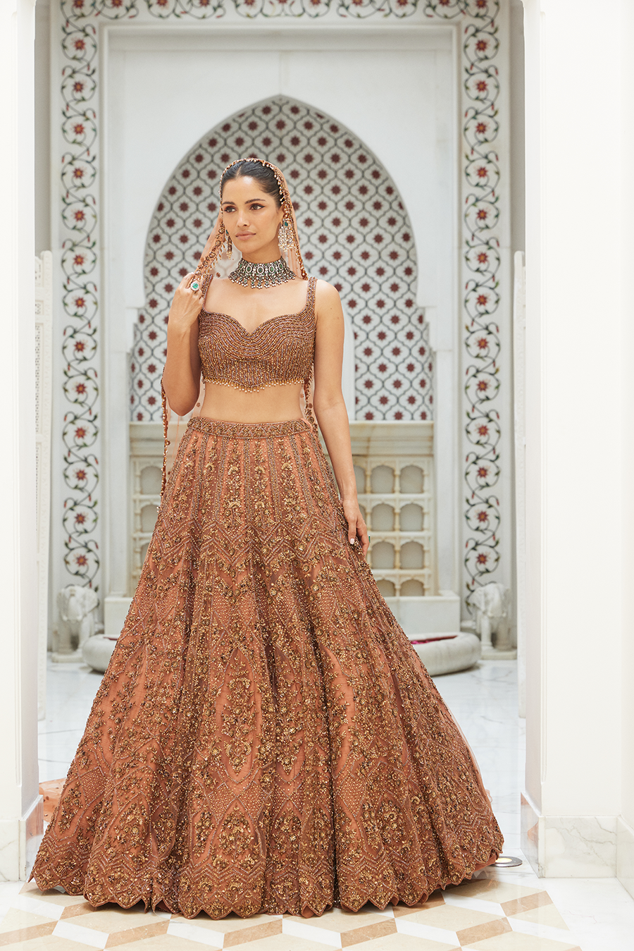 Copper Net Lehenga Choli Set With Head Veil