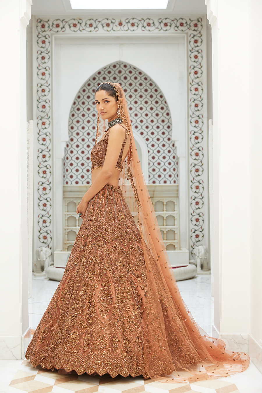 Copper Net Lehenga Choli Set With Head Veil