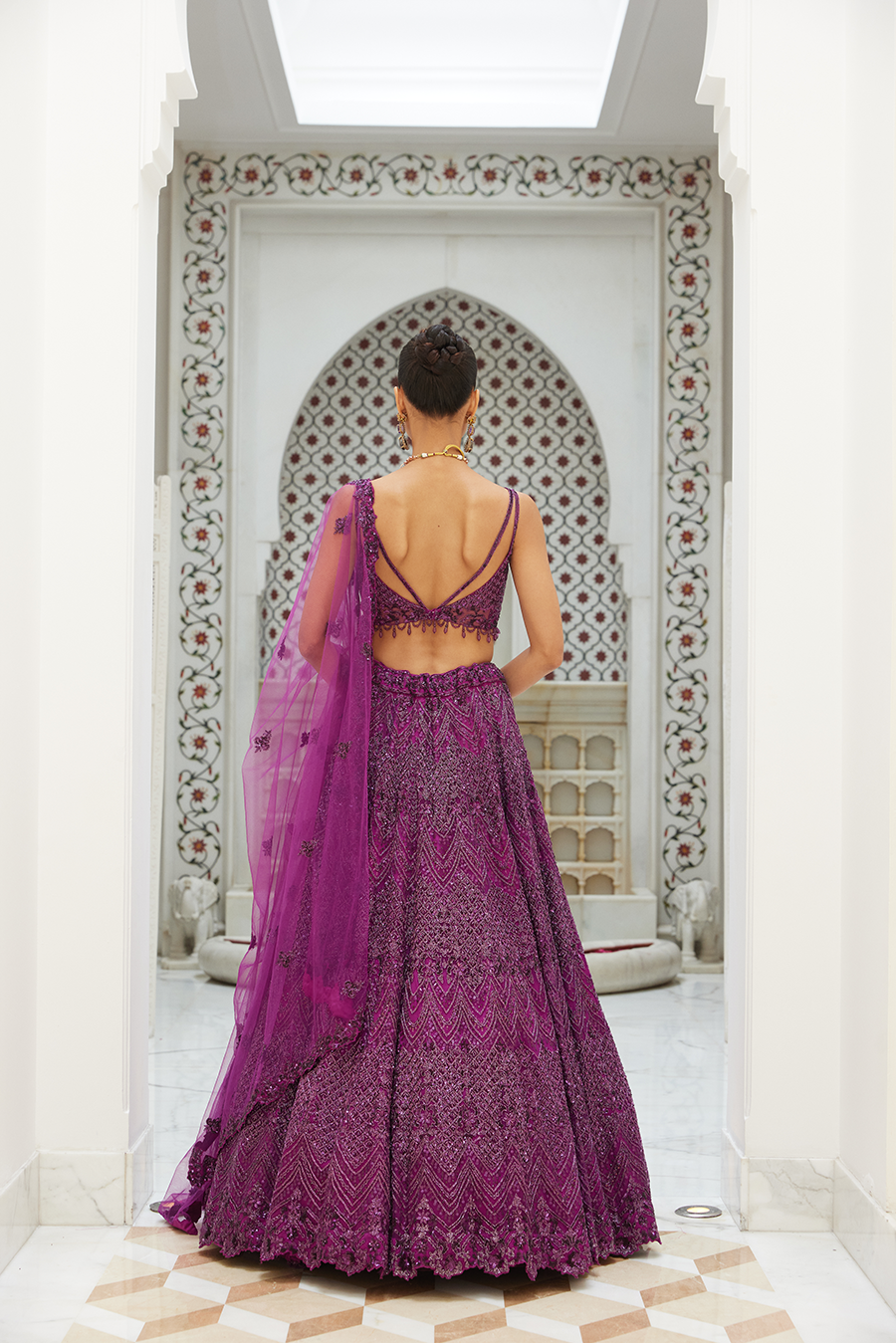 Wine Net Lehenga Choli Dupatta