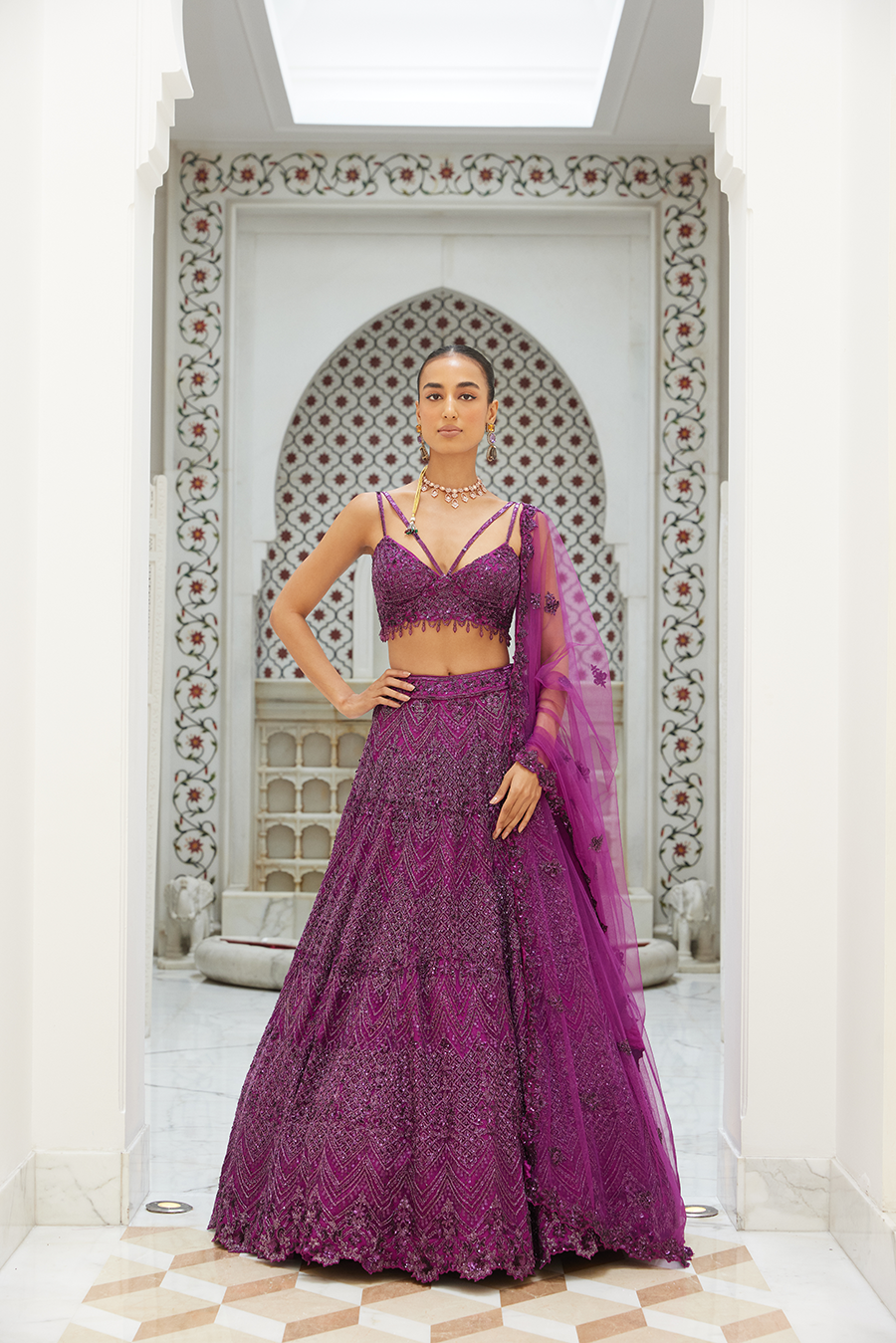 Wine Net Lehenga Choli Dupatta