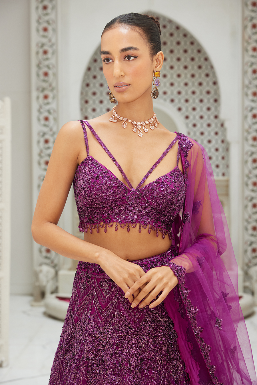 Wine Net Lehenga Choli Dupatta