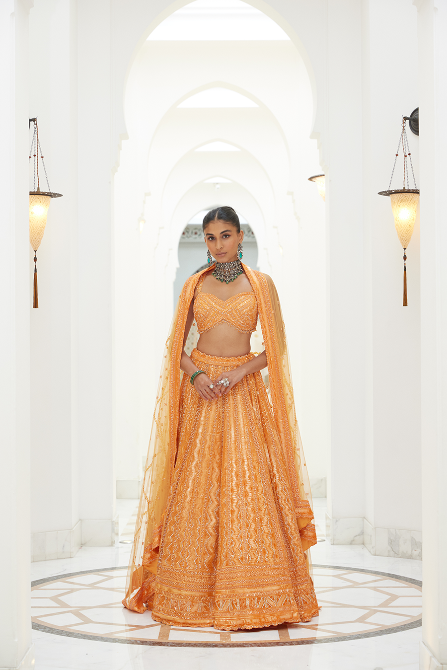 Orange Net Lehenga Choli Dupatta Set