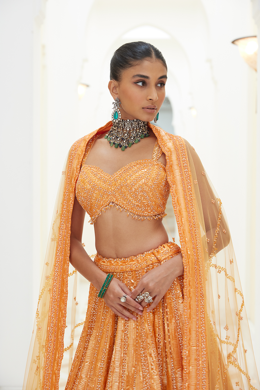 Orange Net Lehenga Choli Dupatta Set