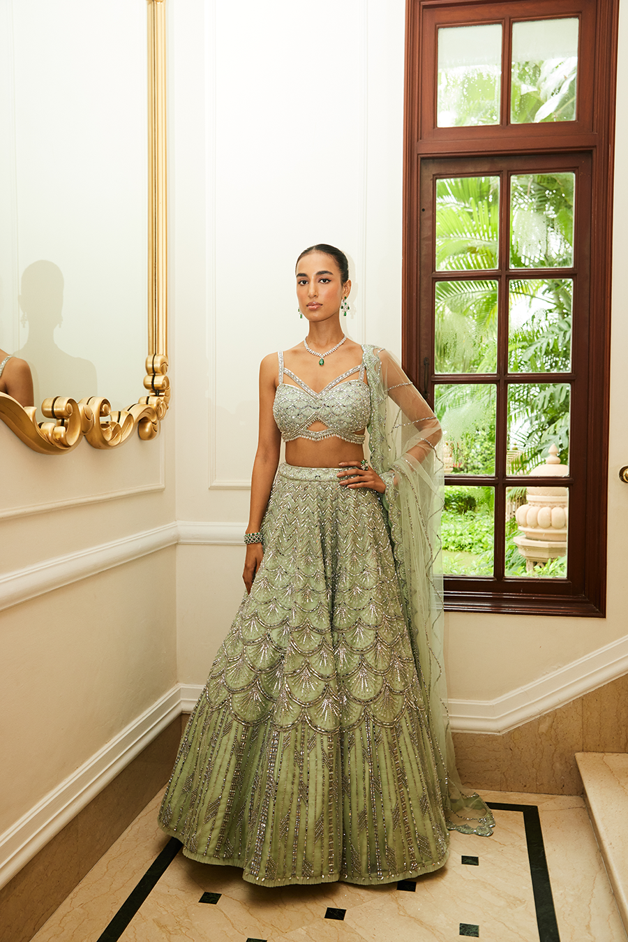 Mint Green Net Lehenga Choli Dupatta Set