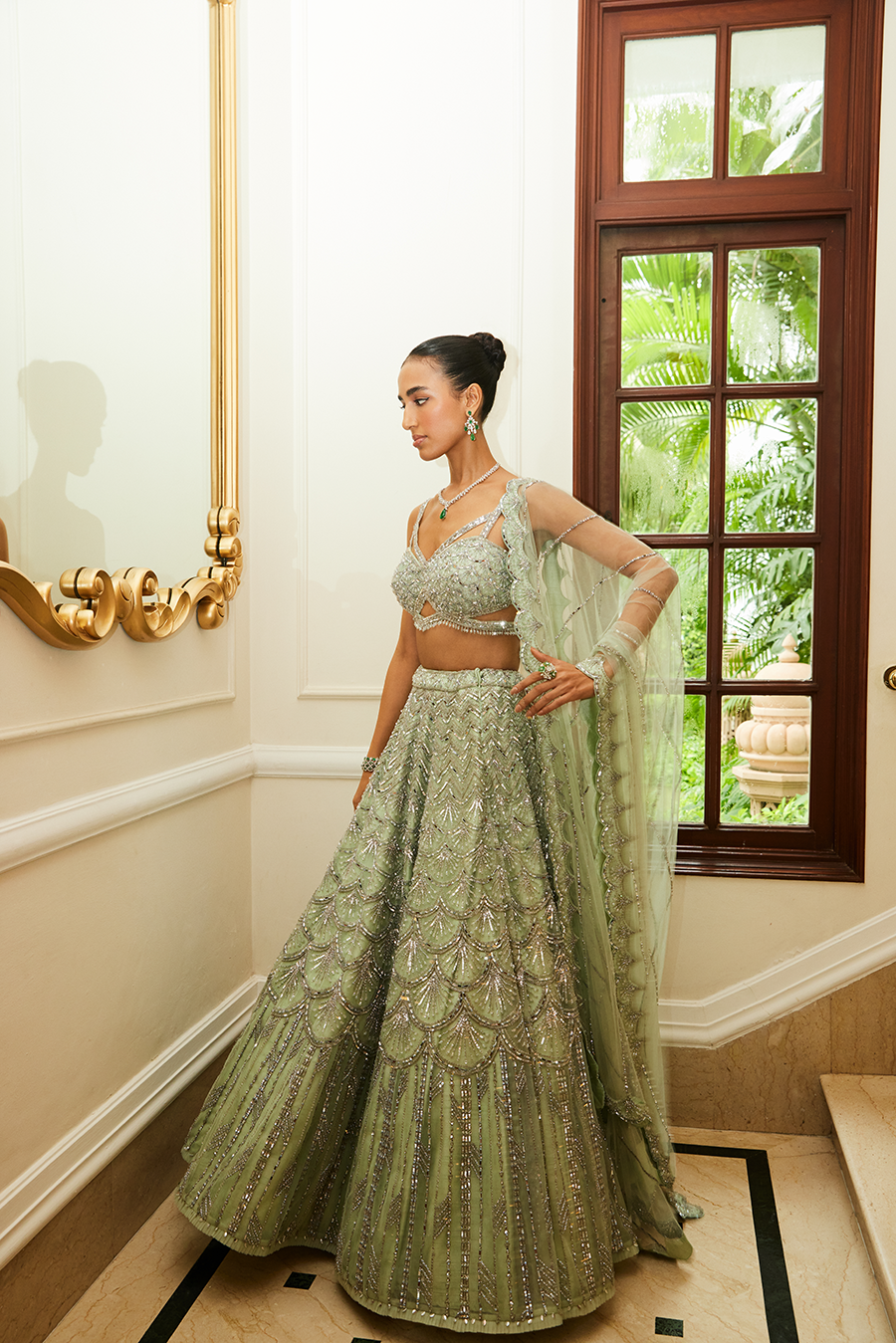 Mint Green Net Lehenga Choli Dupatta Set