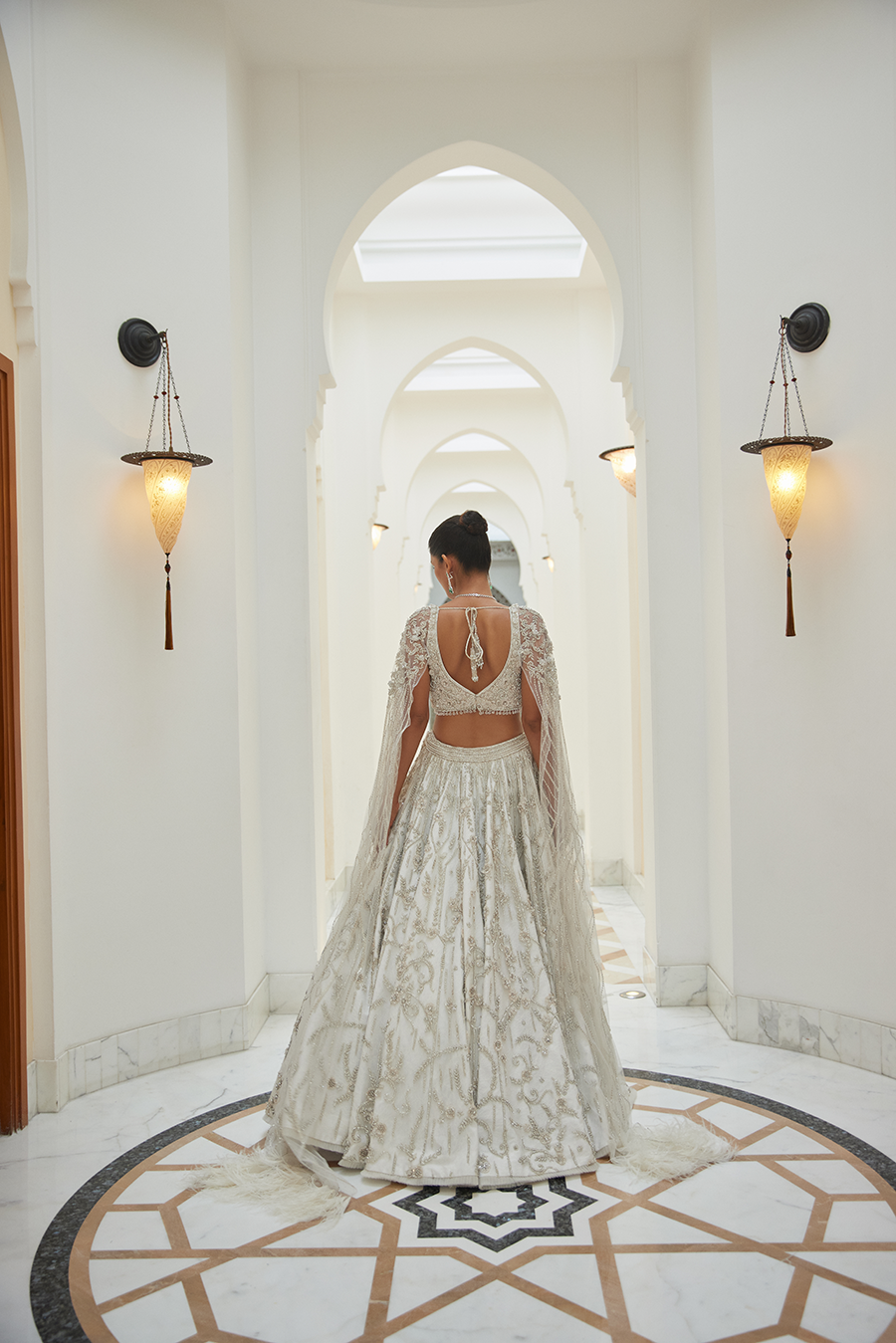 Ivory Net Flared Skirt And Blouse With Long Bird Sleeves