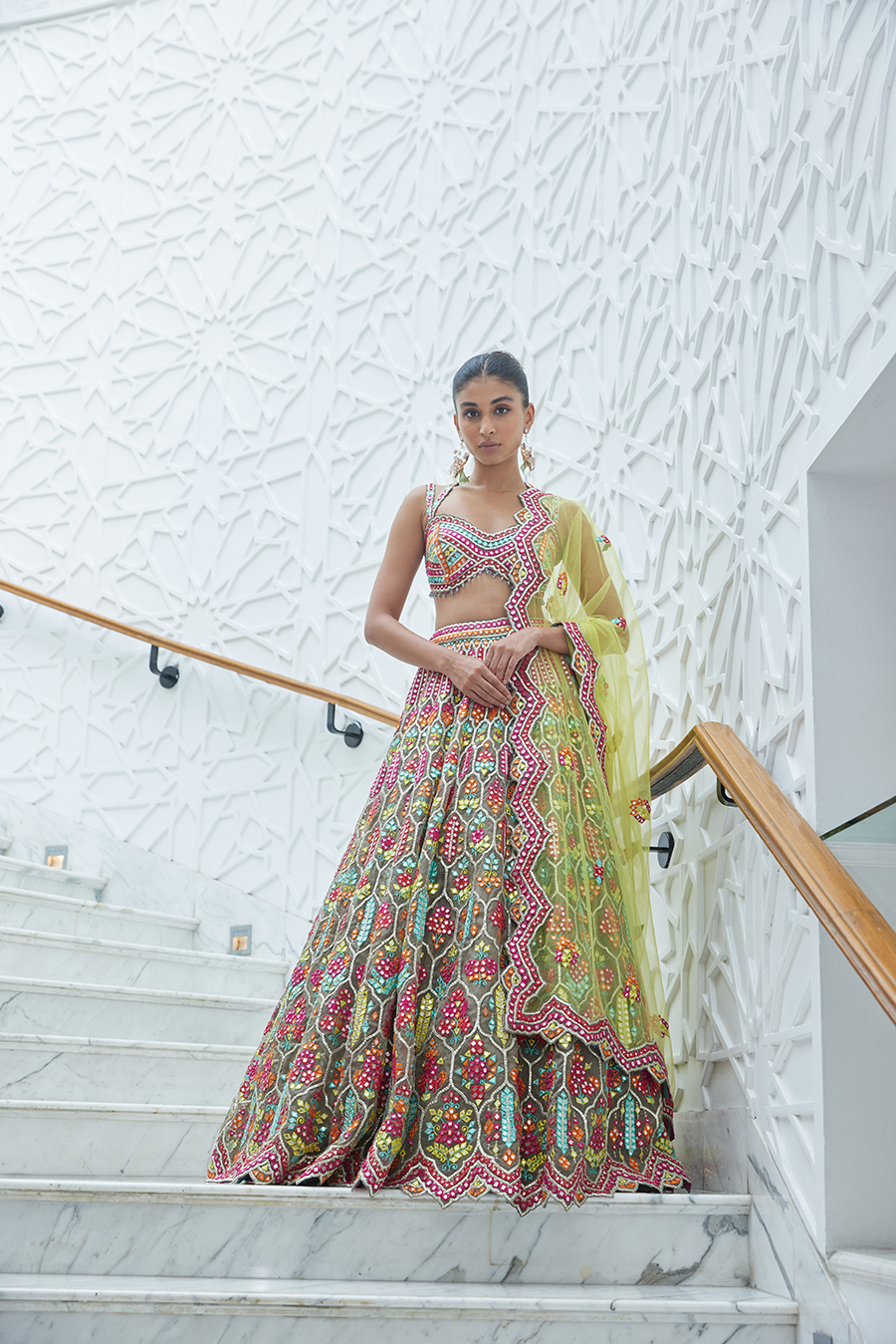 Moca Organza Lehenga Choli Set With Multicolour Embroidery