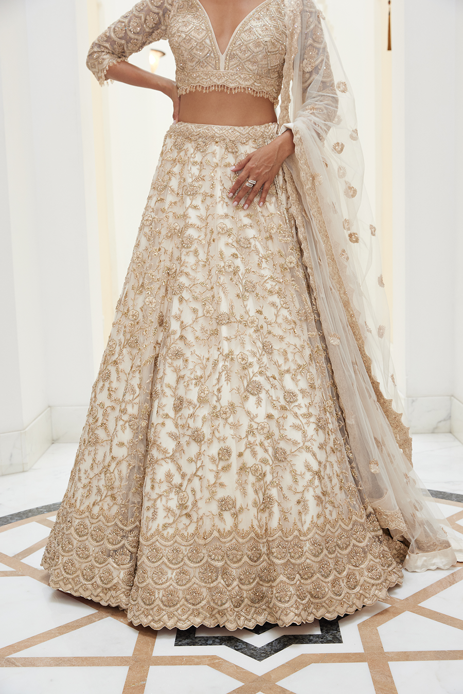 Light Beige Net Lehenga Choli Set